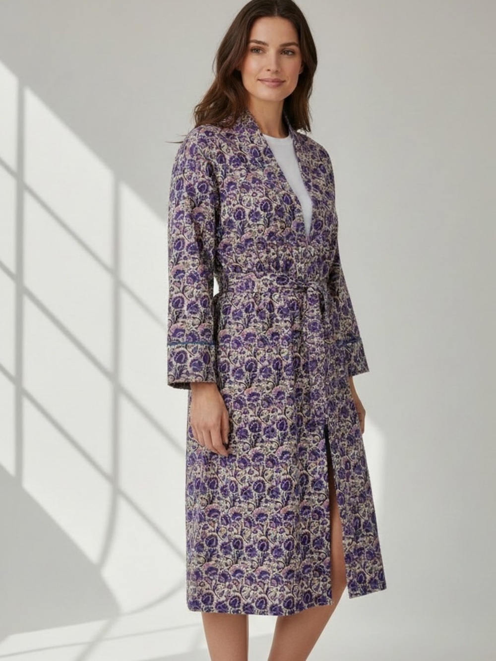 BODEN Women’s Paisley Purple Floral Long Cotton Robe Size Medium missing sash